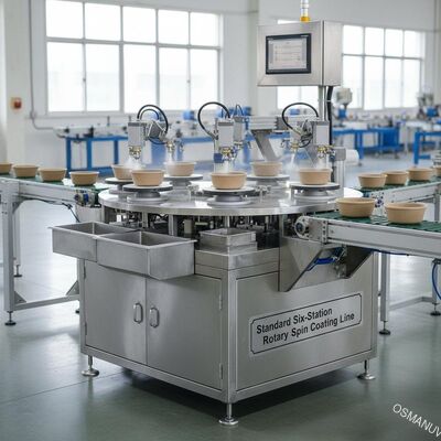 Standard Six‑Station Rotary Spin Coating Line for Molded Pulp Internal Barrier Coating